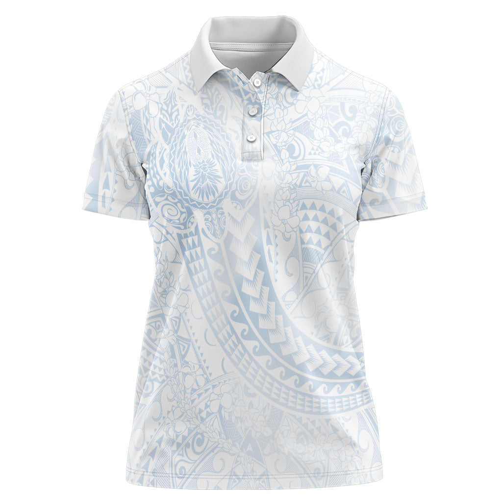 Hawaiian Turtles and Leis Women Polo Shirt Tribal Kakau Pattern Airy White Blue Cloud Vibe LT03 Female White - Polynesian Pride