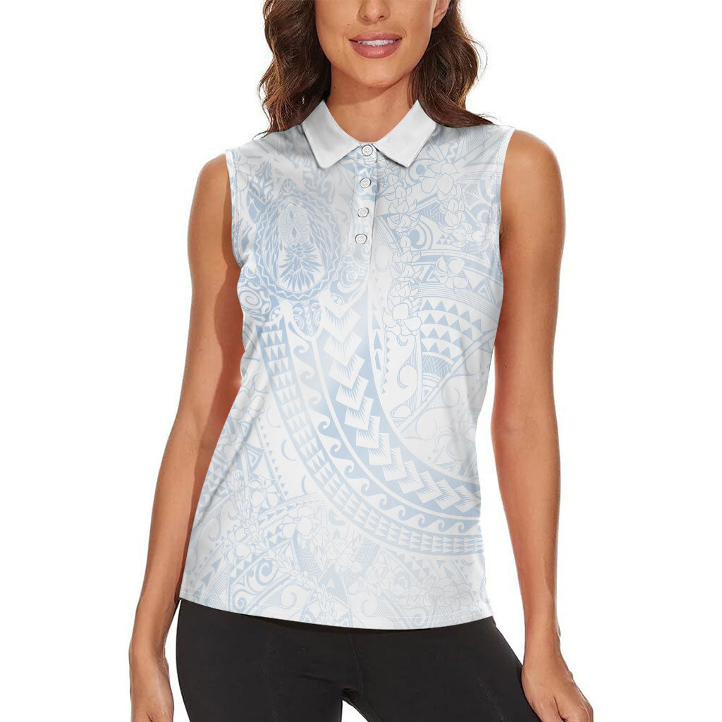 Hawaiian Turtles and Leis Women Sleeveless Polo Shirt Tribal Kakau Pattern Airy White Blue Cloud Vibe