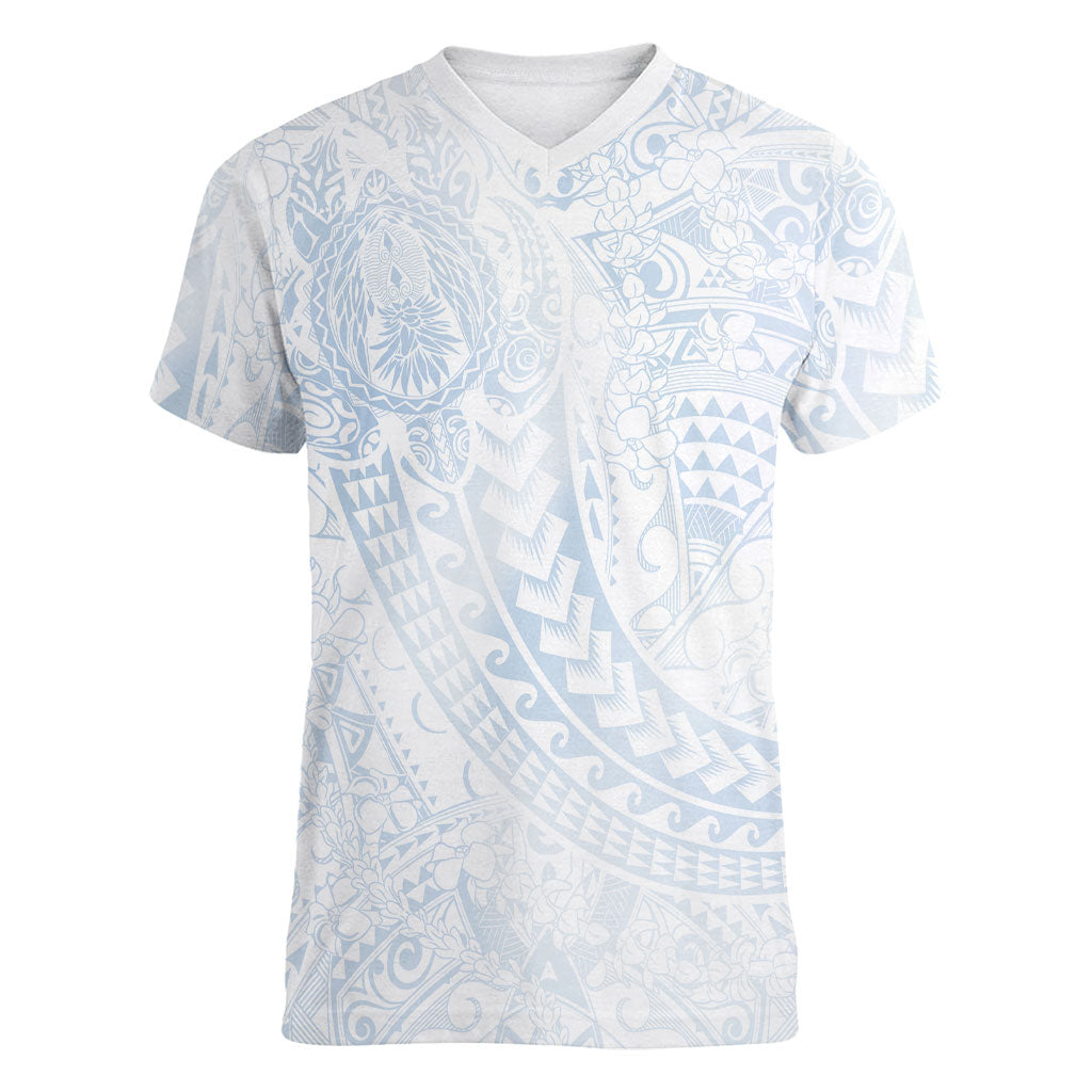 Hawaiian Turtles and Leis Women V-Neck T-Shirt Tribal Kakau Pattern Airy White Blue Cloud Vibe LT03 Female White - Polynesian Pride