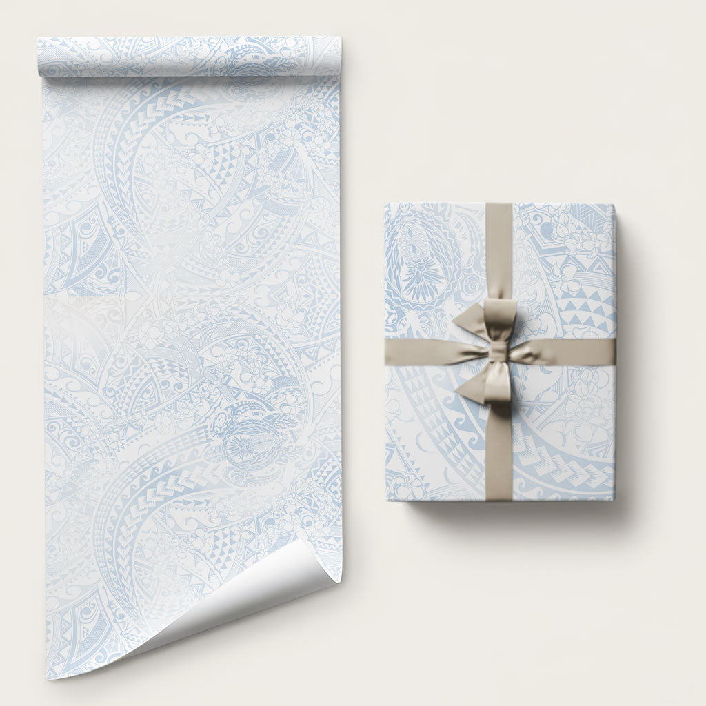 Hawaiian Turtles and Leis Wrapping Paper Tribal Kakau Pattern Airy White Blue Cloud Vibe LT03 58" × 23" White - Polynesian Pride