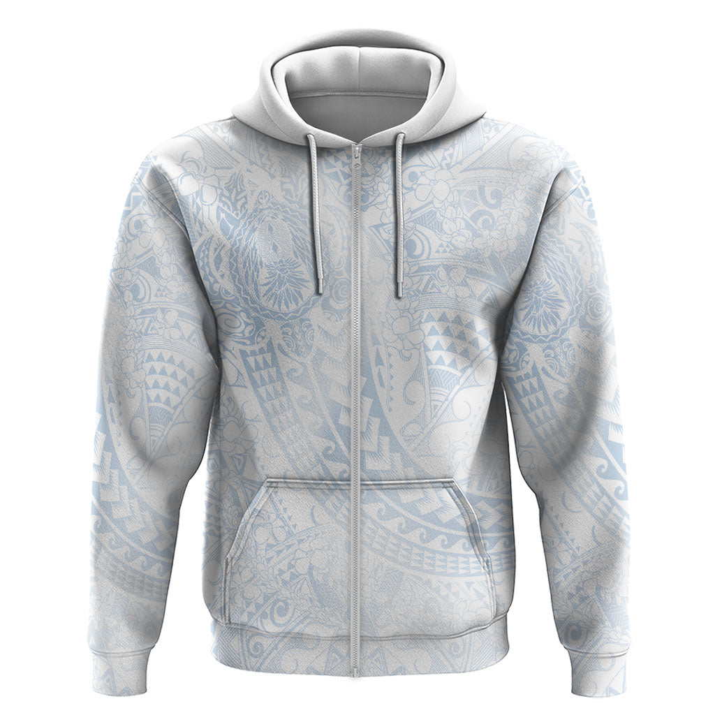 Hawaiian Turtles and Leis Zip Hoodie Tribal Kakau Pattern Airy White Blue Cloud Vibe LT03 Zip Hoodie White - Polynesian Pride