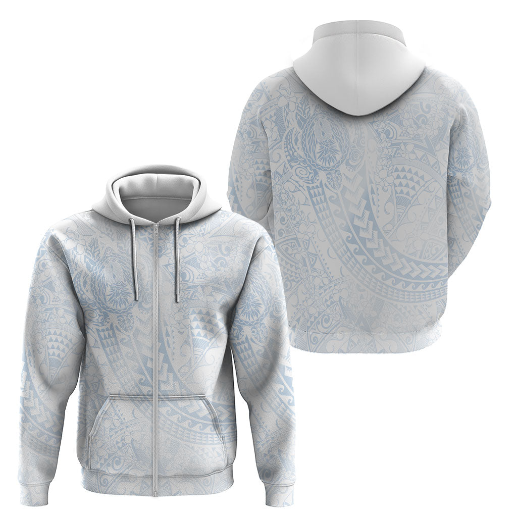 Hawaiian Turtles and Leis Zip Hoodie Tribal Kakau Pattern Airy White Blue Cloud Vibe