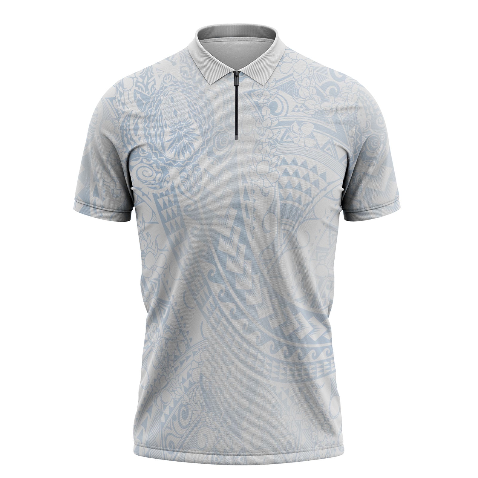 Hawaiian Turtles and Leis Zipper Polo Shirt Tribal Kakau Pattern Airy White Blue Cloud Vibe LT03 White - Polynesian Pride