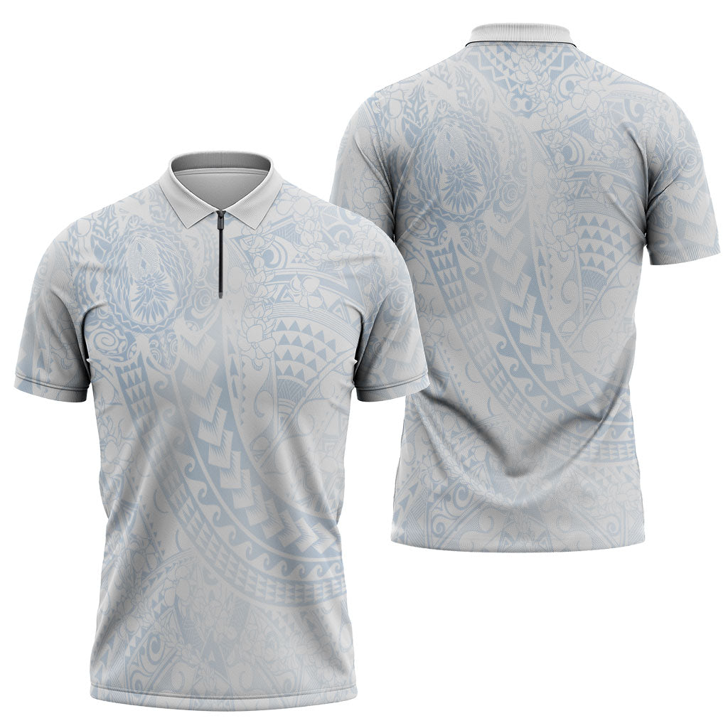 Hawaiian Turtles and Leis Zipper Polo Shirt Tribal Kakau Pattern Airy White Blue Cloud Vibe