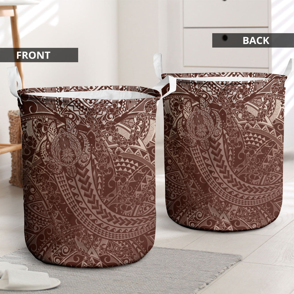 Hawaiian Turtles and Leis Laundry Basket Tribal Kakau Pattern Mocha Mousse Color