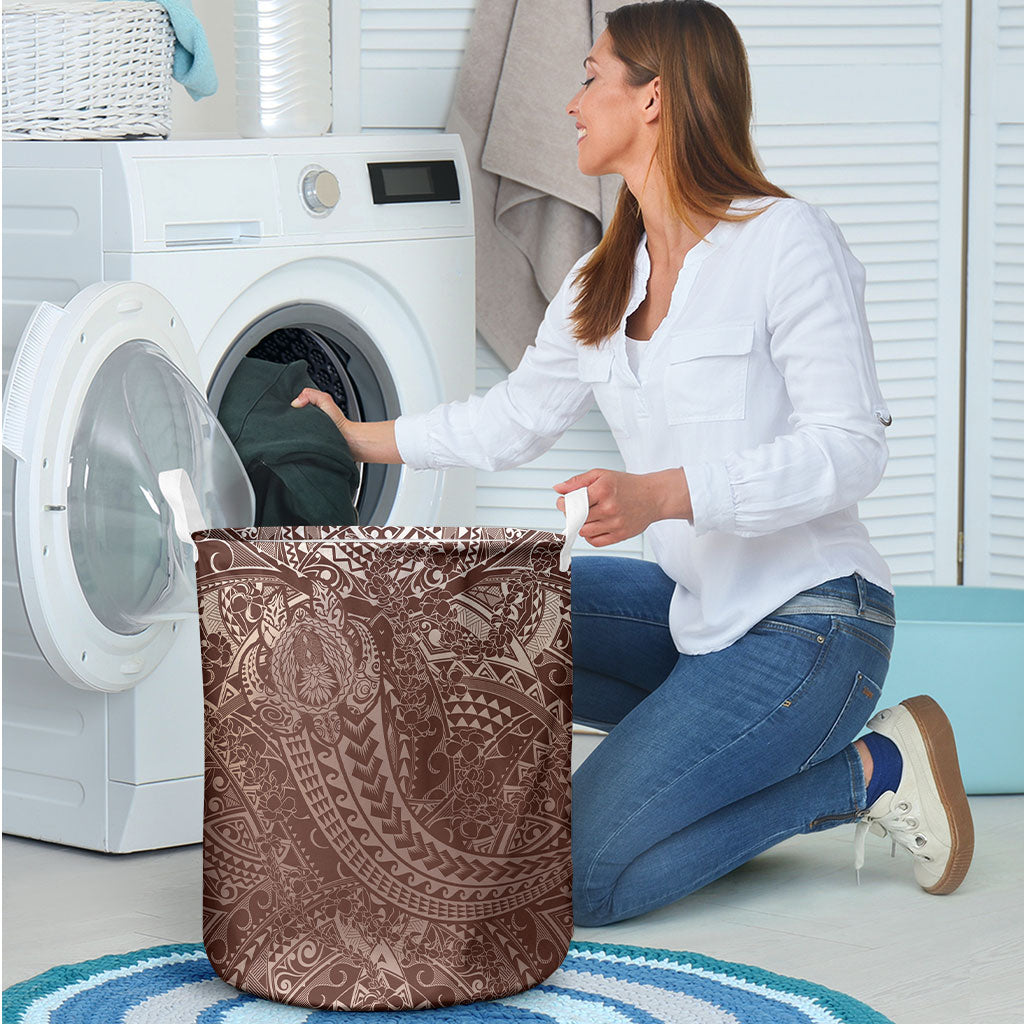 Hawaiian Turtles and Leis Laundry Basket Tribal Kakau Pattern Mocha Mousse Color