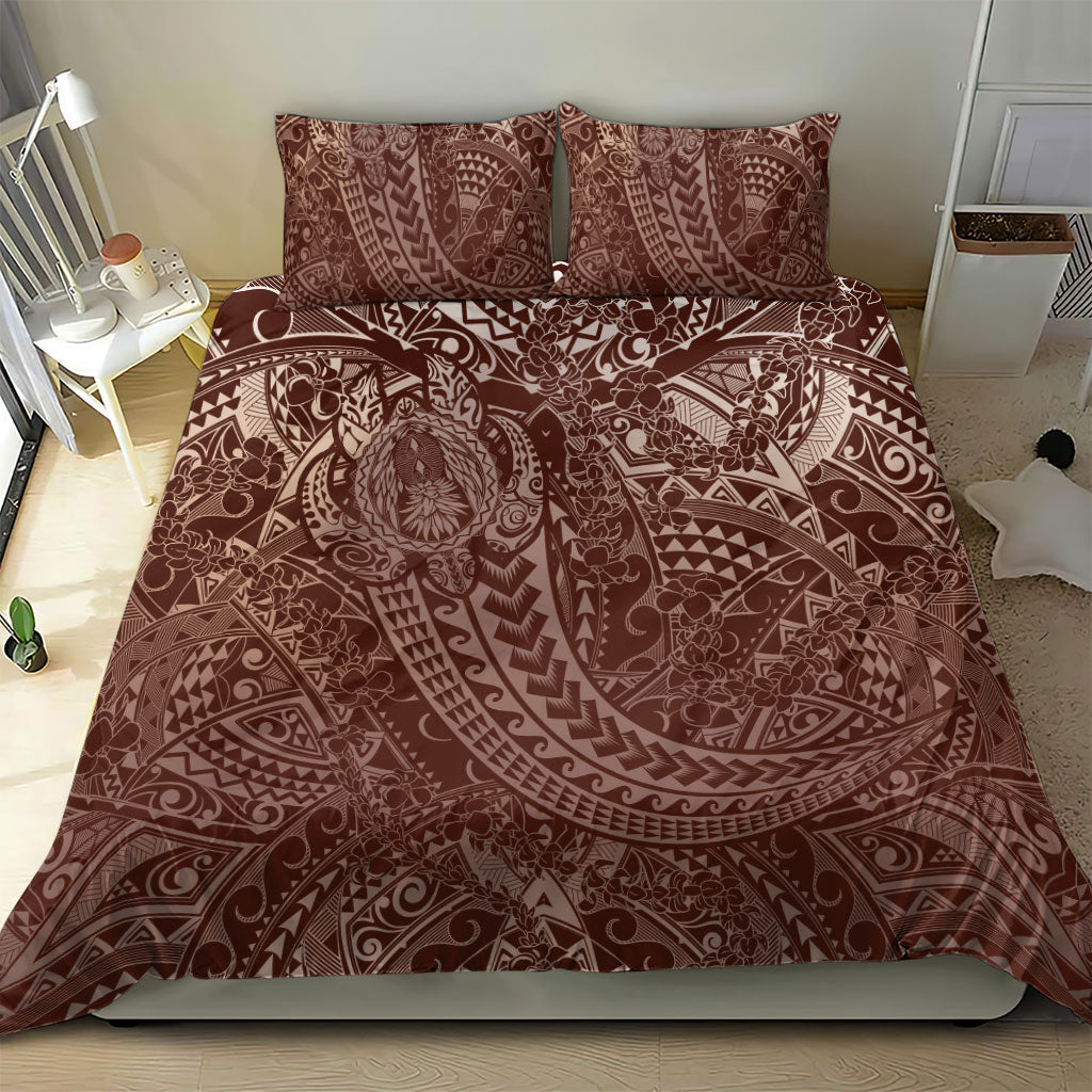 Hawaiian Turtles and Leis Bedding Set Tribal Kakau Pattern Mocha Mousse Color