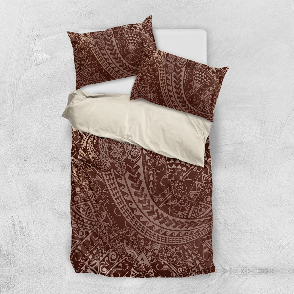 Hawaiian Turtles and Leis Bedding Set Tribal Kakau Pattern Mocha Mousse Color