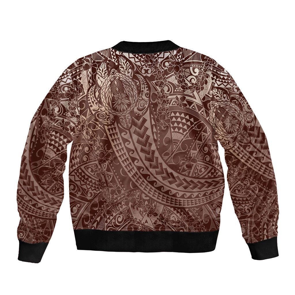 Hawaiian Turtles and Leis Bomber Jacket Tribal Kakau Pattern Mocha Mousse Color