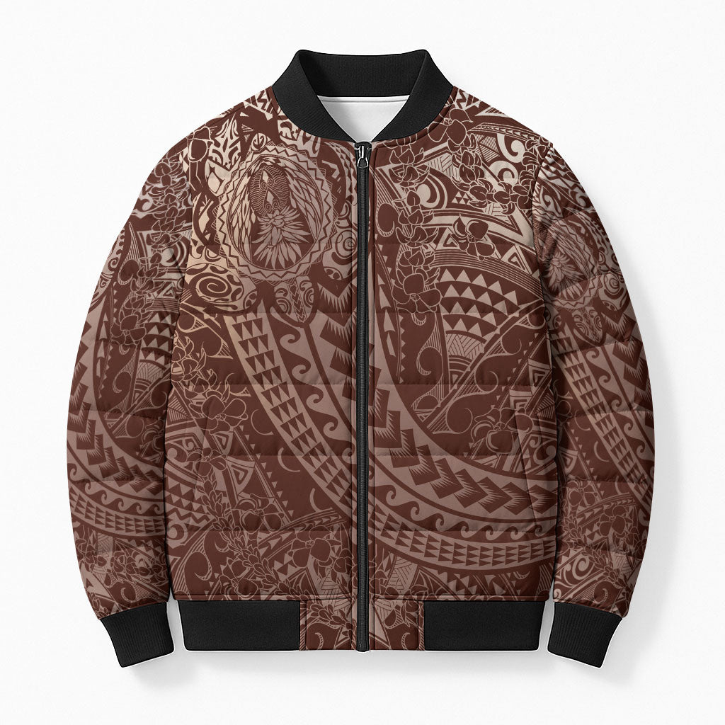 Hawaiian Turtles and Leis Bomber Puffer Jacket Tribal Kakau Pattern Mocha Mousse Color