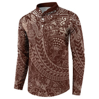 Hawaiian Turtles and Leis Button Sweatshirt Tribal Kakau Pattern Mocha Mousse Color