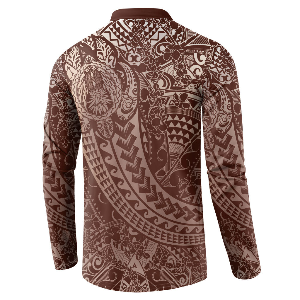 Hawaiian Turtles and Leis Button Sweatshirt Tribal Kakau Pattern Mocha Mousse Color