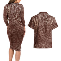 Hawaiian Turtles and Leis Couples Matching Long Sleeve Bodycon Dress and Hawaiian Shirt Tribal Kakau Pattern Mocha Mousse Color