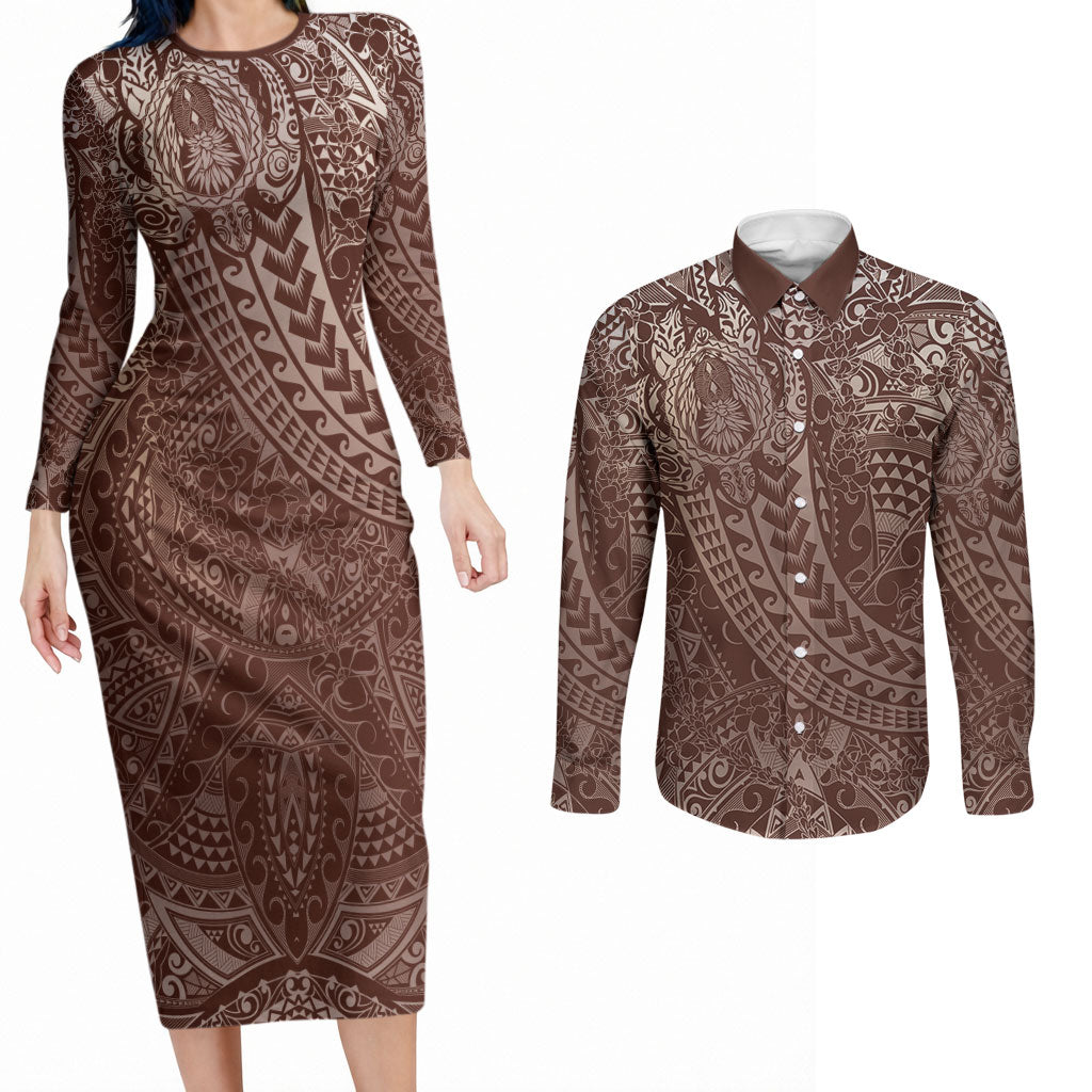 Hawaiian Turtles and Leis Couples Matching Long Sleeve Bodycon Dress and Long Sleeve Button Shirt Tribal Kakau Pattern Mocha Mousse Color LT03 Mocha Mousse - Polynesian Pride