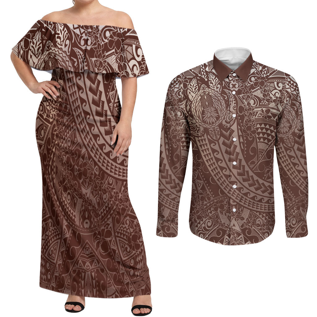 Hawaiian Turtles and Leis Couples Matching Off Shoulder Maxi Dress and Long Sleeve Button Shirt Tribal Kakau Pattern Mocha Mousse Color LT03 Mocha Mousse - Polynesian Pride