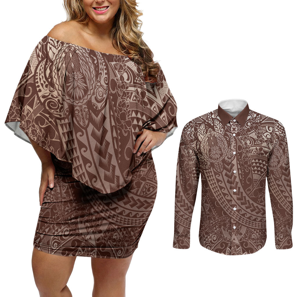 Hawaiian Turtles and Leis Couples Matching Off Shoulder Short Dress and Long Sleeve Button Shirt Tribal Kakau Pattern Mocha Mousse Color LT03 Mocha Mousse - Polynesian Pride