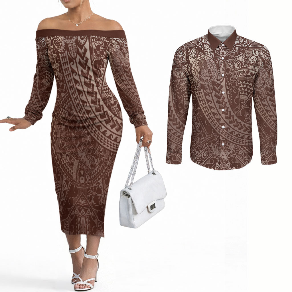 Hawaiian Turtles and Leis Couples Matching Off The Shoulder Long Sleeve Dress and Long Sleeve Button Shirt Tribal Kakau Pattern Mocha Mousse Color LT03 Mocha Mousse - Polynesian Pride