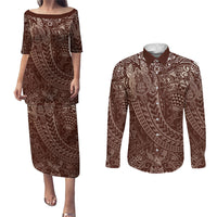 Hawaiian Turtles and Leis Couples Matching Puletasi and Long Sleeve Button Shirt Tribal Kakau Pattern Mocha Mousse Color