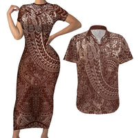 Hawaiian Turtles and Leis Couples Matching Short Sleeve Bodycon Dress and Hawaiian Shirt Tribal Kakau Pattern Mocha Mousse Color