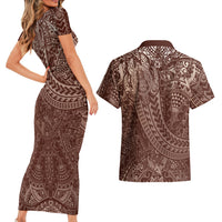 Hawaiian Turtles and Leis Couples Matching Short Sleeve Bodycon Dress and Hawaiian Shirt Tribal Kakau Pattern Mocha Mousse Color