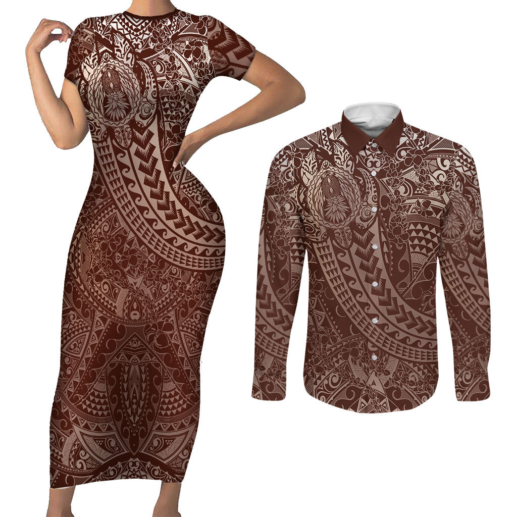 Hawaiian Turtles and Leis Couples Matching Short Sleeve Bodycon Dress and Long Sleeve Button Shirt Tribal Kakau Pattern Mocha Mousse Color