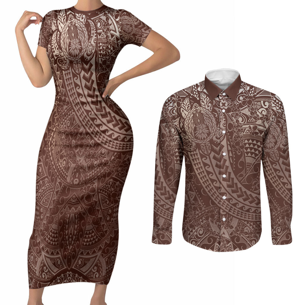 Hawaiian Turtles and Leis Couples Matching Short Sleeve Bodycon Dress and Long Sleeve Button Shirt Tribal Kakau Pattern Mocha Mousse Color LT03 Mocha Mousse - Polynesian Pride