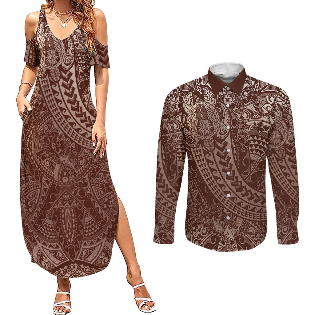 Hawaiian Turtles and Leis Couples Matching Summer Maxi Dress and Long Sleeve Button Shirt Tribal Kakau Pattern Mocha Mousse Color