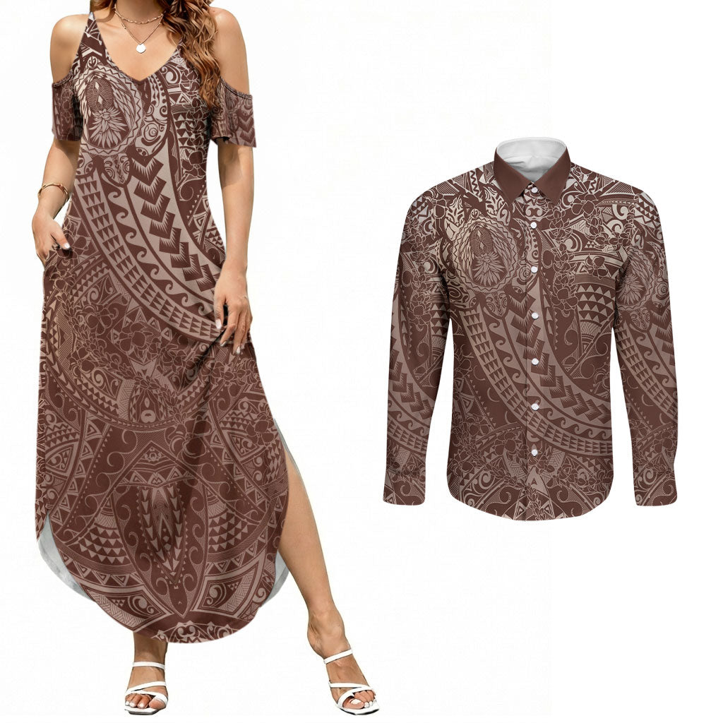 Hawaiian Turtles and Leis Couples Matching Summer Maxi Dress and Long Sleeve Button Shirt Tribal Kakau Pattern Mocha Mousse Color LT03 Mocha Mousse - Polynesian Pride