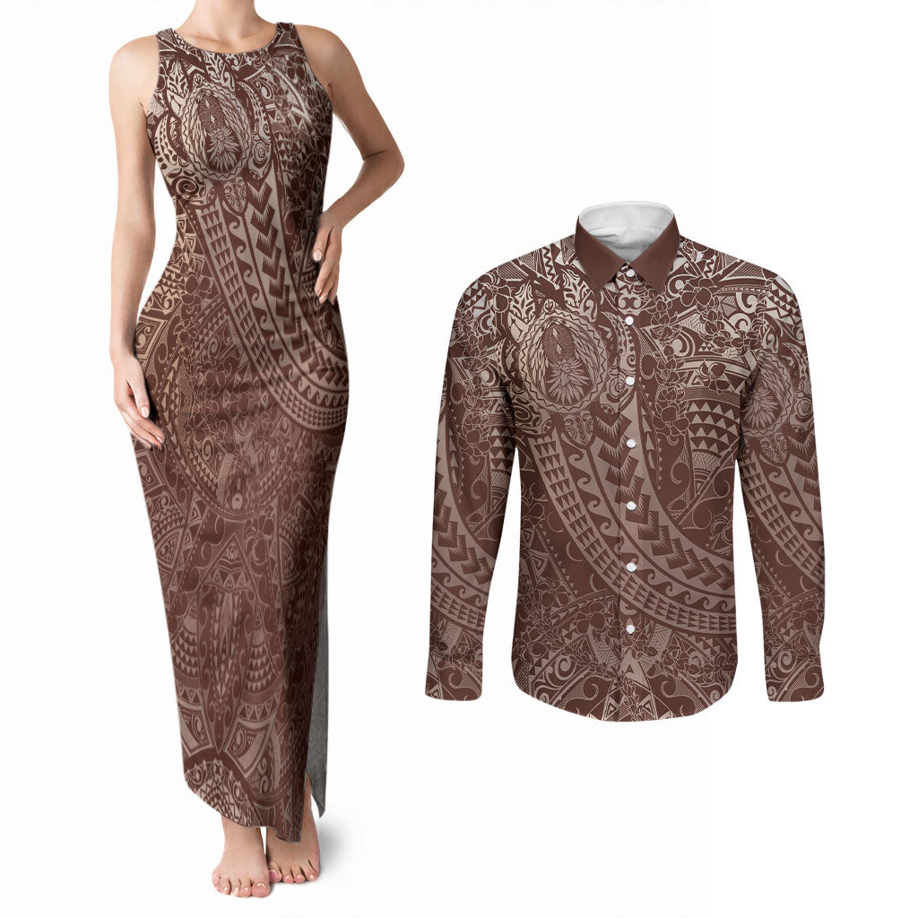 Hawaiian Turtles and Leis Couples Matching Tank Maxi Dress and Long Sleeve Button Shirt Tribal Kakau Pattern Mocha Mousse Color LT03 Mocha Mousse - Polynesian Pride
