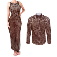 Hawaiian Turtles and Leis Couples Matching Tank Maxi Dress and Long Sleeve Button Shirt Tribal Kakau Pattern Mocha Mousse Color