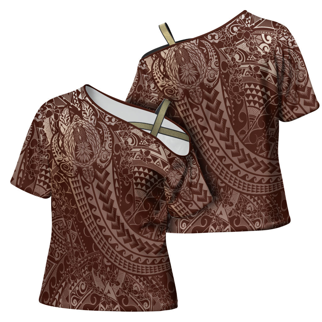 Hawaiian Turtles and Leis Cross Shoulder Shirt Tribal Kakau Pattern Mocha Mousse Color