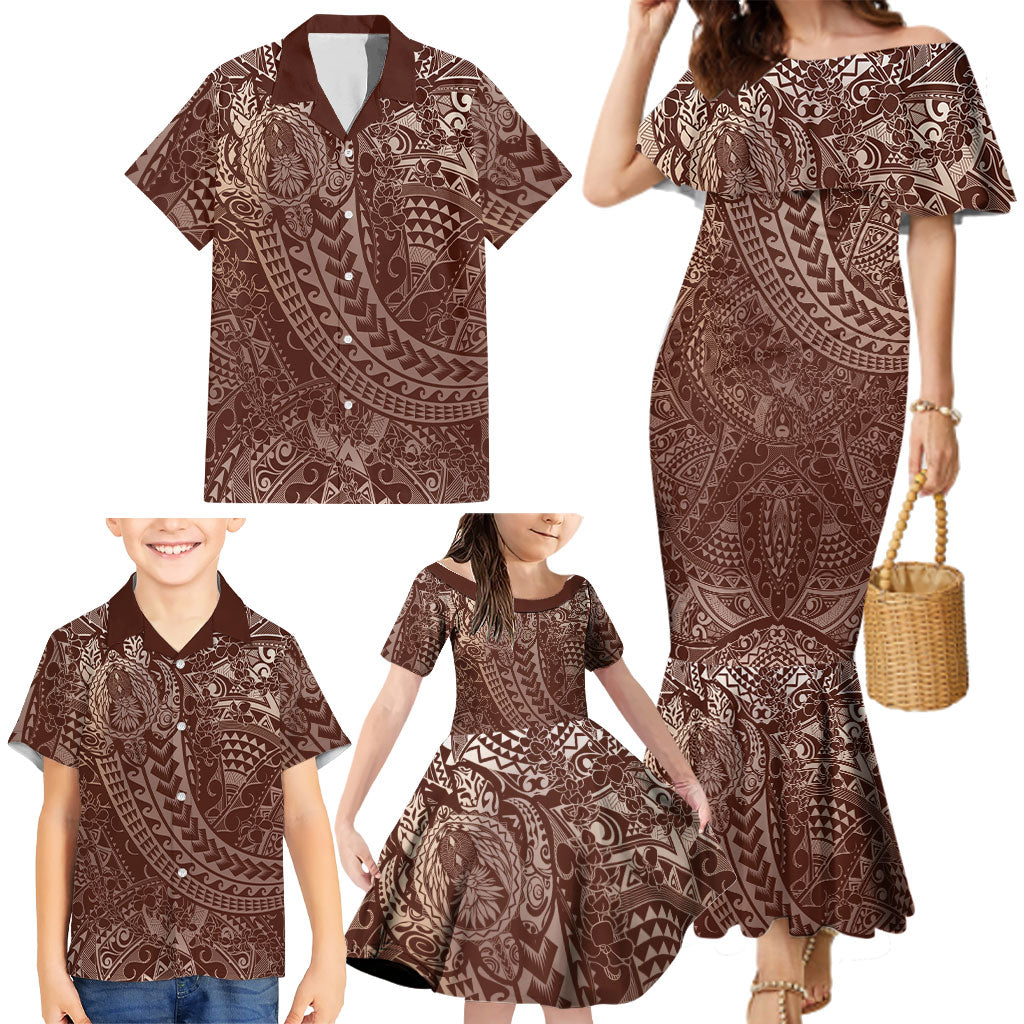Hawaiian Turtles and Leis Family Matching Mermaid Dress and Hawaiian Shirt Tribal Kakau Pattern Mocha Mousse Color
