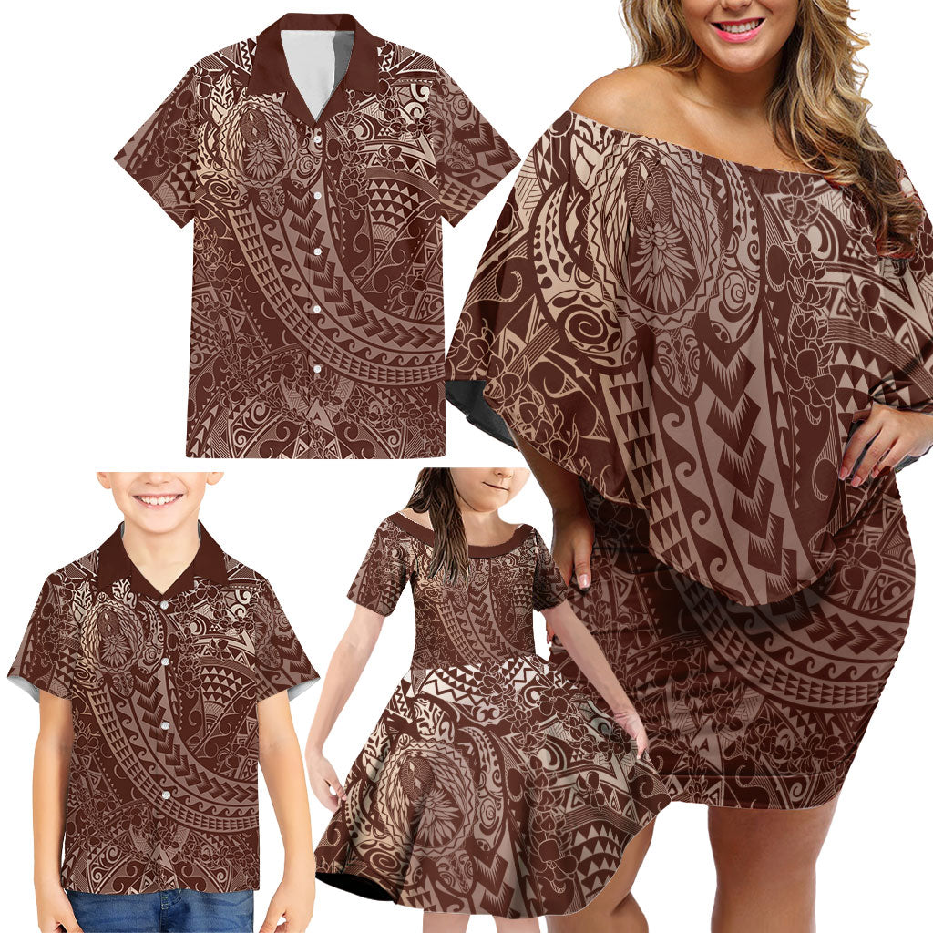 Hawaiian Turtles and Leis Family Matching Off Shoulder Short Dress and Hawaiian Shirt Tribal Kakau Pattern Mocha Mousse Color
