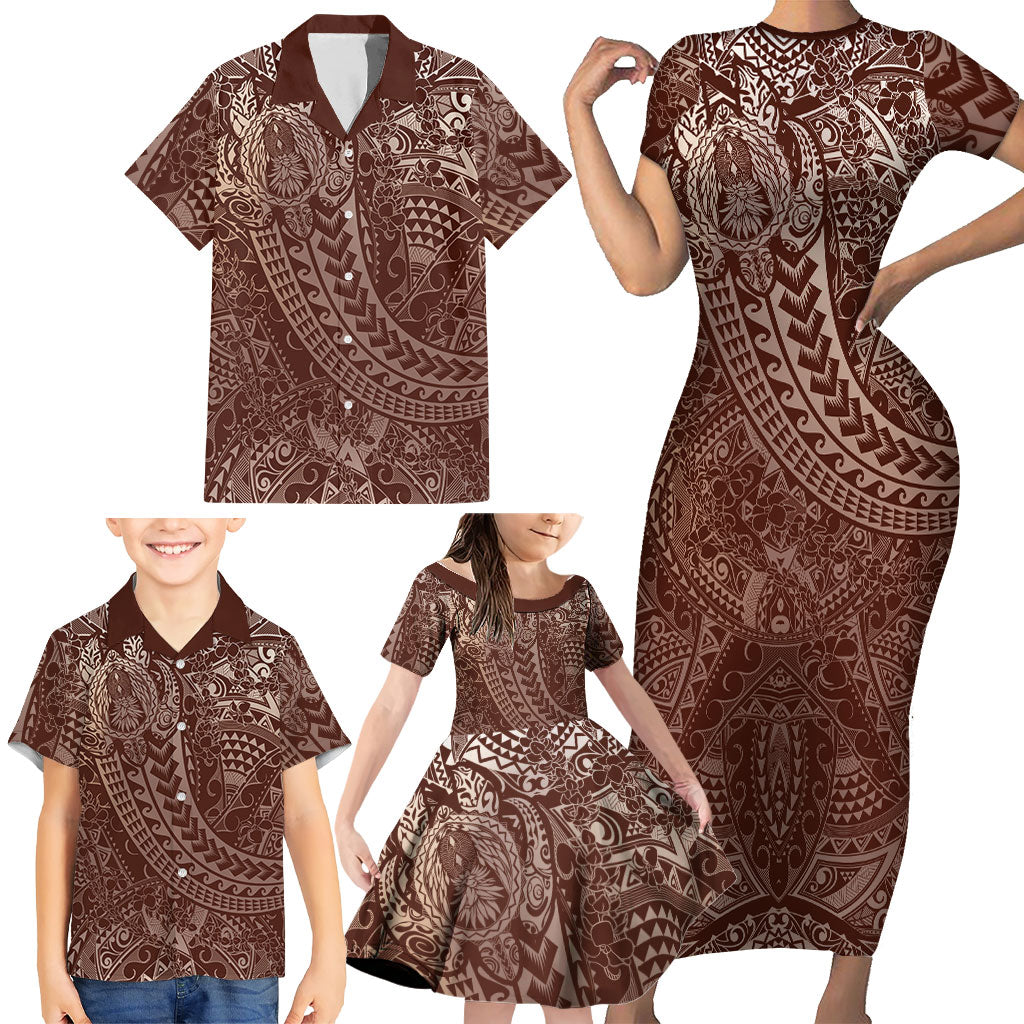 Hawaiian Turtles and Leis Family Matching Short Sleeve Bodycon Dress and Hawaiian Shirt Tribal Kakau Pattern Mocha Mousse Color