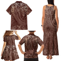 Hawaiian Turtles and Leis Family Matching Tank Maxi Dress and Hawaiian Shirt Tribal Kakau Pattern Mocha Mousse Color