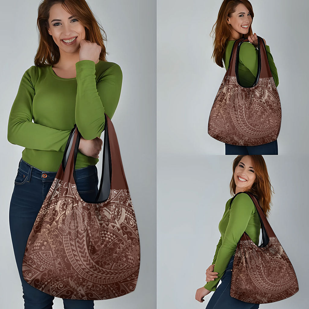 Hawaiian Turtles and Leis Grocery Bag Tribal Kakau Pattern Mocha Mousse Color