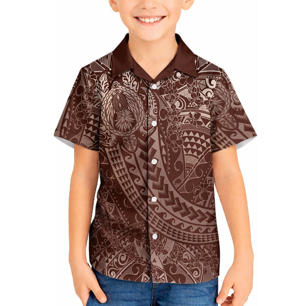 Hawaiian Turtles and Leis Kid Hawaiian Shirt Tribal Kakau Pattern Mocha Mousse Color LT03 Kid Mocha Mousse - Polynesian Pride