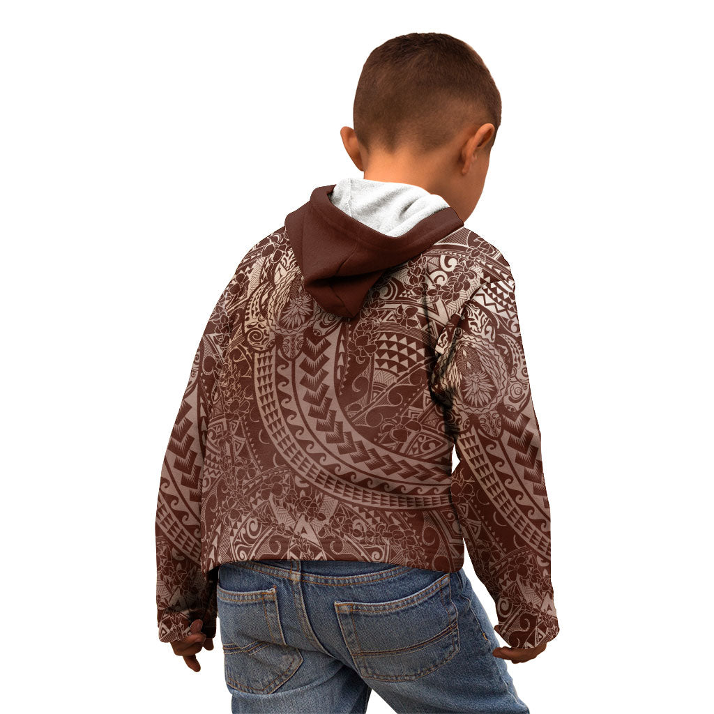 Hawaiian Turtles and Leis Kid Hoodie Tribal Kakau Pattern Mocha Mousse Color