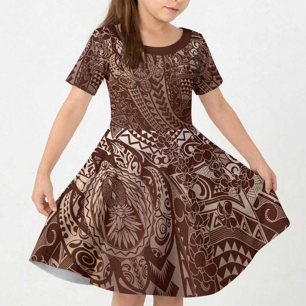 Hawaiian Turtles and Leis Kid Short Sleeve Dress Tribal Kakau Pattern Mocha Mousse Color LT03 KID Mocha Mousse - Polynesian Pride