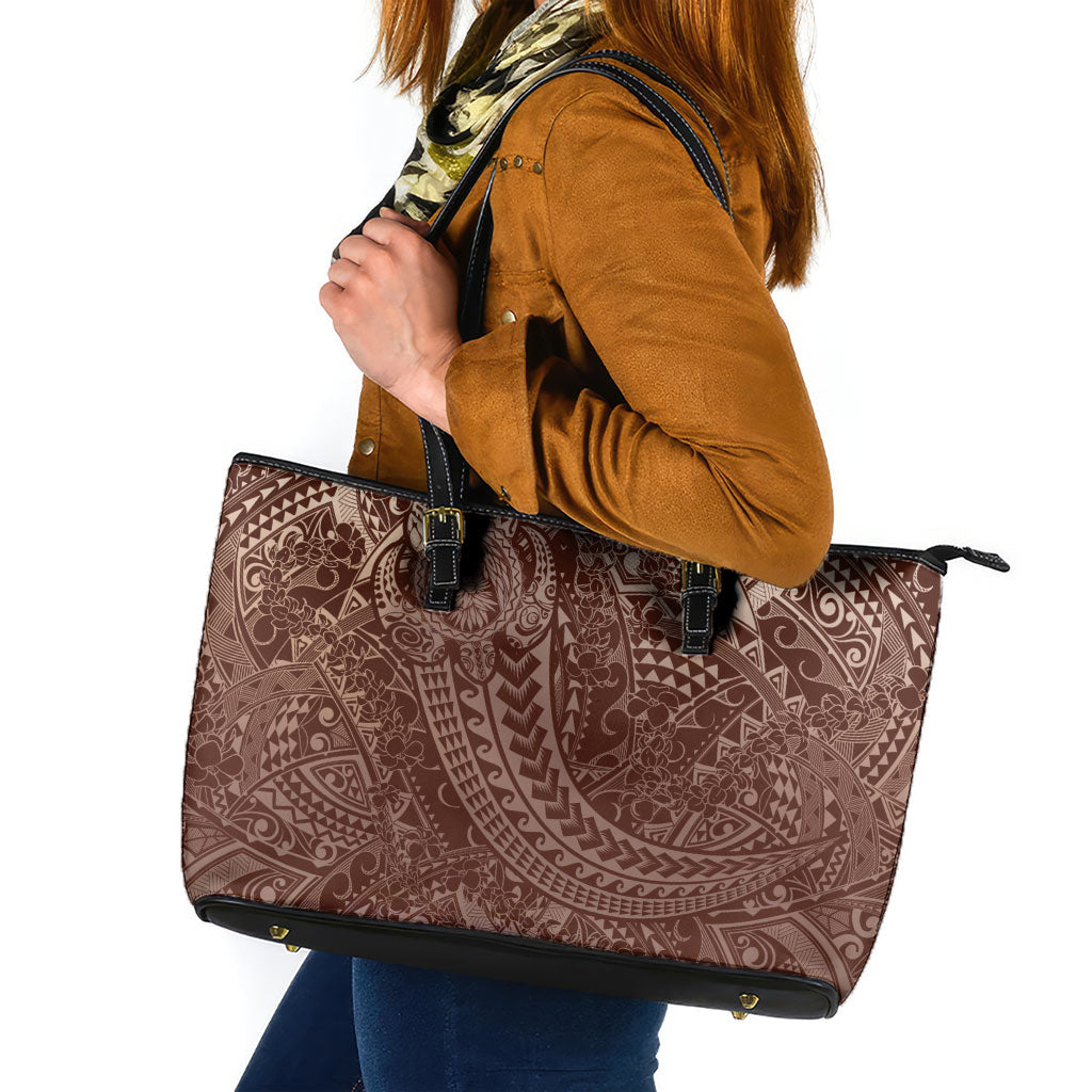 Hawaiian Turtles and Leis Leather Tote Bag Tribal Kakau Pattern Mocha Mousse Color LT03 Mocha Mousse - Polynesian Pride