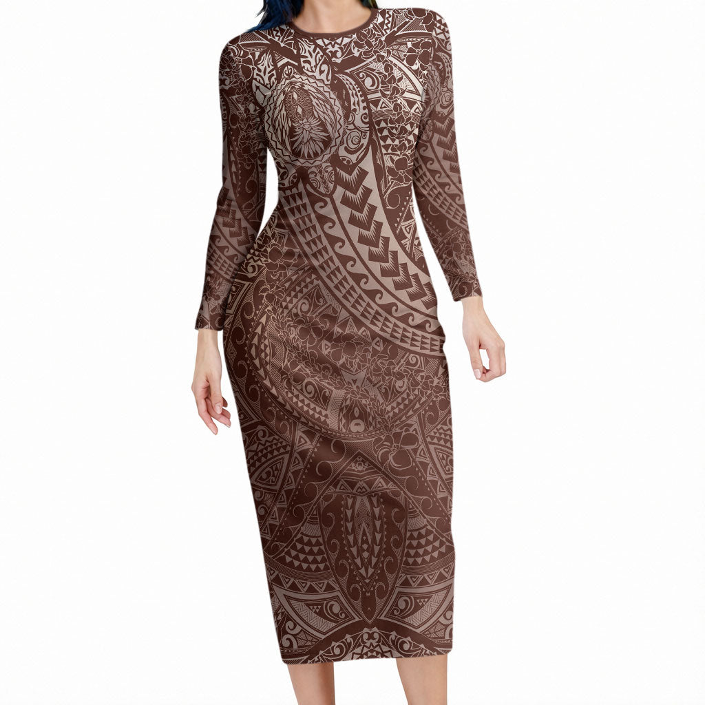 Hawaiian Turtles and Leis Long Sleeve Bodycon Dress Tribal Kakau Pattern Mocha Mousse Color LT03 Long Dress Mocha Mousse - Polynesian Pride