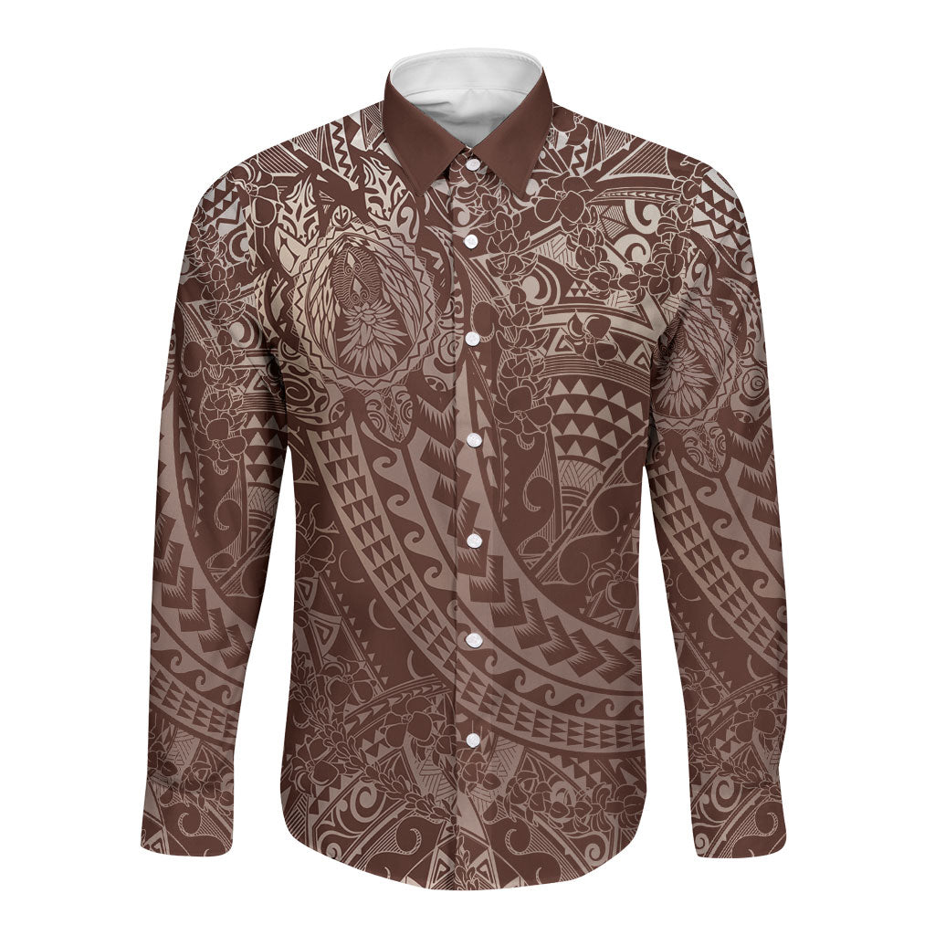 Hawaiian Turtles and Leis Long Sleeve Button Shirt Tribal Kakau Pattern Mocha Mousse Color LT03 Unisex Mocha Mousse - Polynesian Pride