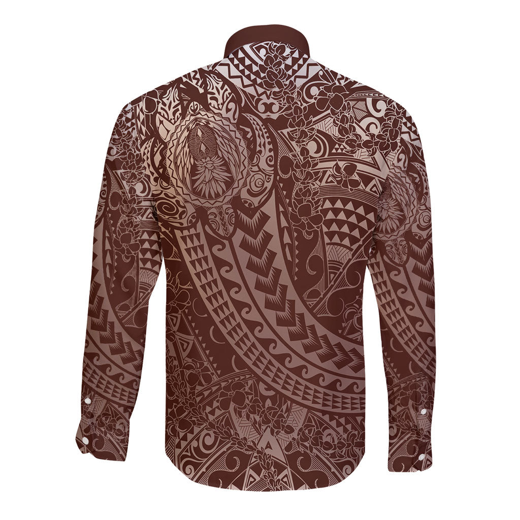 Hawaiian Turtles and Leis Long Sleeve Button Shirt Tribal Kakau Pattern Mocha Mousse Color