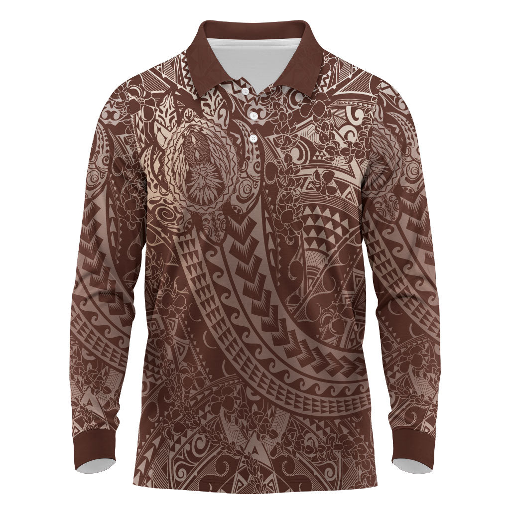 Hawaiian Turtles and Leis Long Sleeve Polo Shirt Tribal Kakau Pattern Mocha Mousse Color LT03 Mocha Mousse - Polynesian Pride