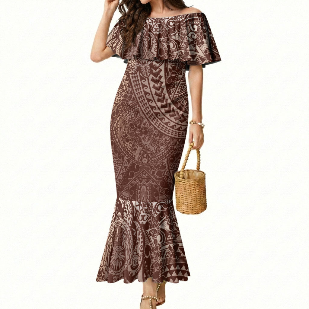 Hawaiian Turtles and Leis Mermaid Dress Tribal Kakau Pattern Mocha Mousse Color LT03 Women Mocha Mousse - Polynesian Pride