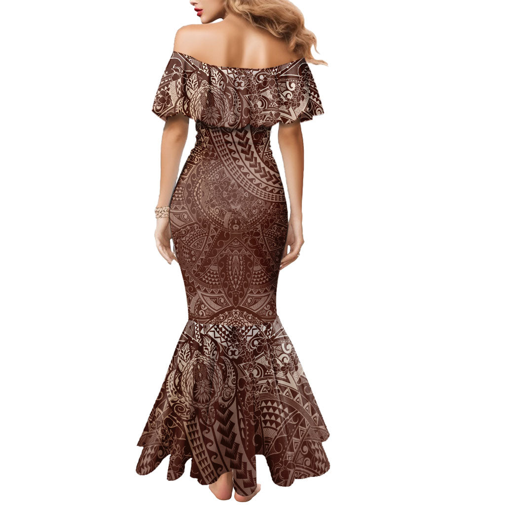 Hawaiian Turtles and Leis Mermaid Dress Tribal Kakau Pattern Mocha Mousse Color