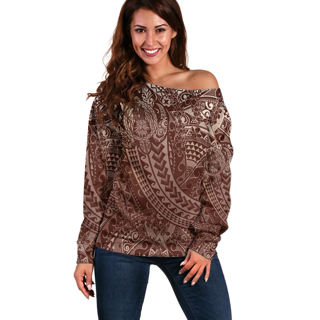 Hawaiian Turtles and Leis Off Shoulder Sweater Tribal Kakau Pattern Mocha Mousse Color LT03 Women Mocha Mousse - Polynesian Pride