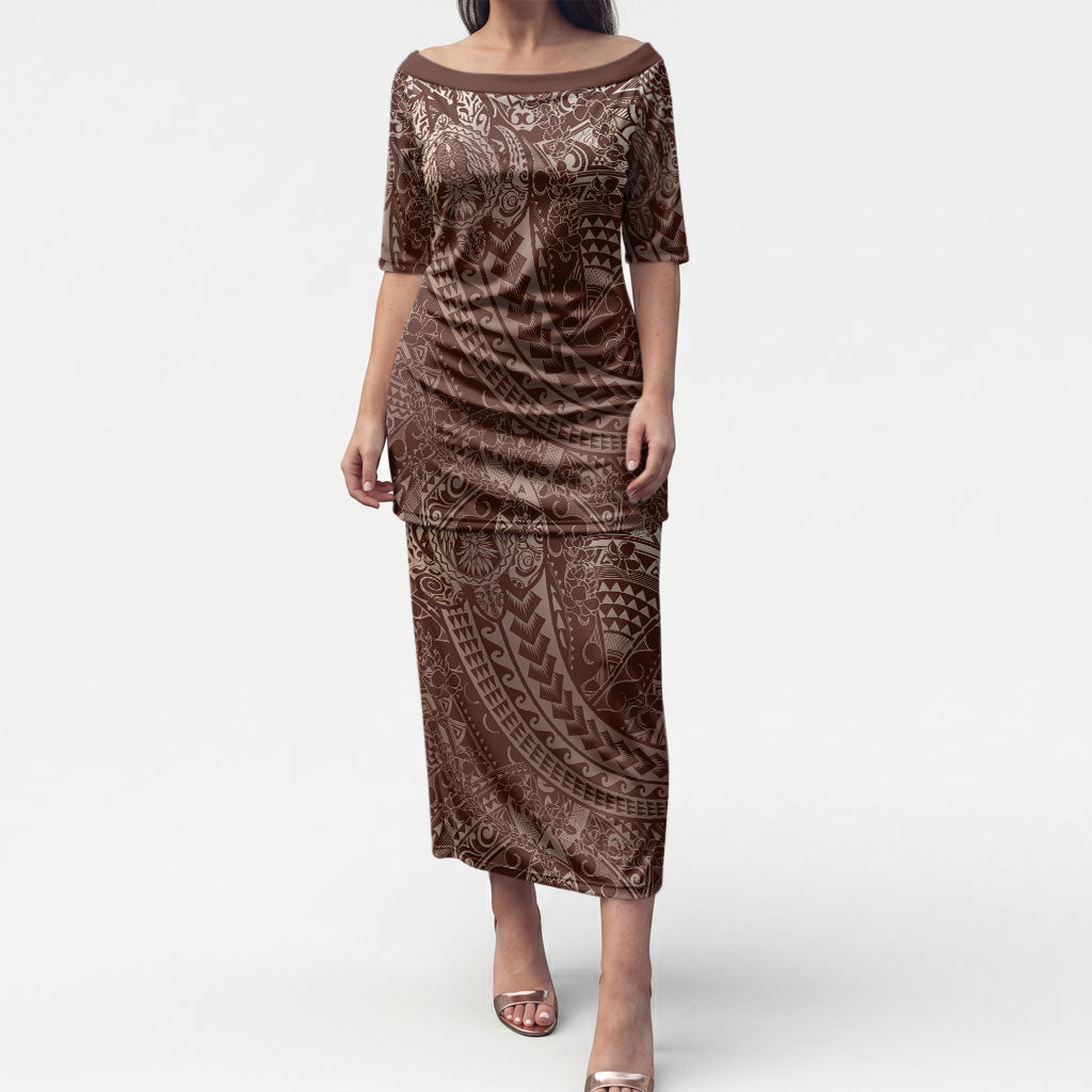 Hawaiian Turtles and Leis Puletasi Tribal Kakau Pattern Mocha Mousse Color LT03 Long Dress Mocha Mousse - Polynesian Pride