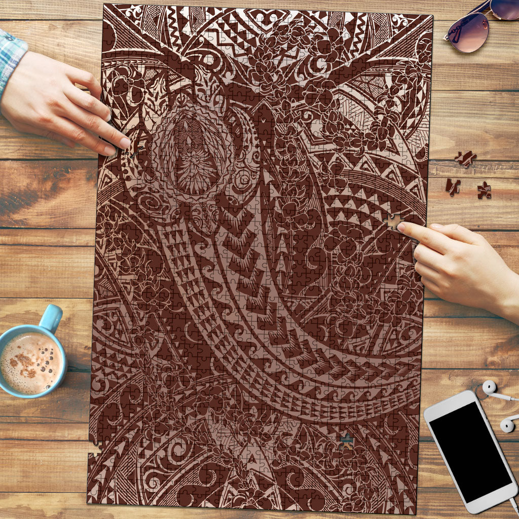 Hawaiian Turtles and Leis Puzzle Tribal Kakau Pattern Mocha Mousse Color