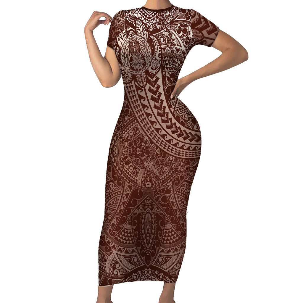 Hawaiian Turtles and Leis Short Sleeve Bodycon Dress Tribal Kakau Pattern Mocha Mousse Color